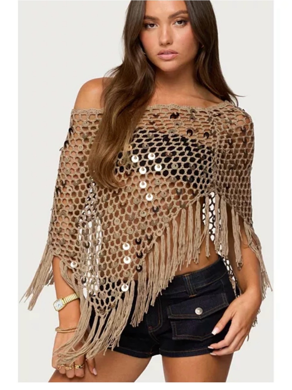 Edikted Fringe Open-Knit Sequin Poncho Sweater Cover Up-Tan-Size Small